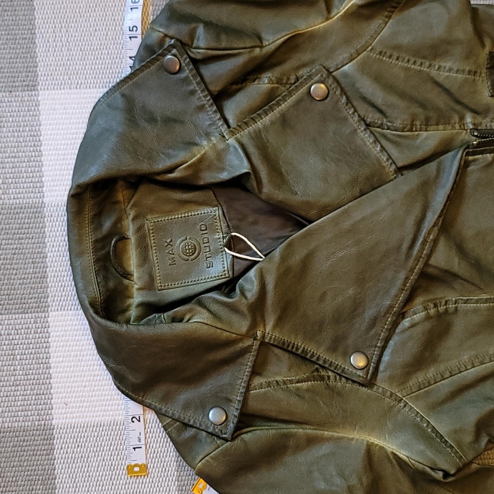 MAXSTUDIO Washed Olive Faux Leather Moto Jacket Size XS - Picture 13 of 14